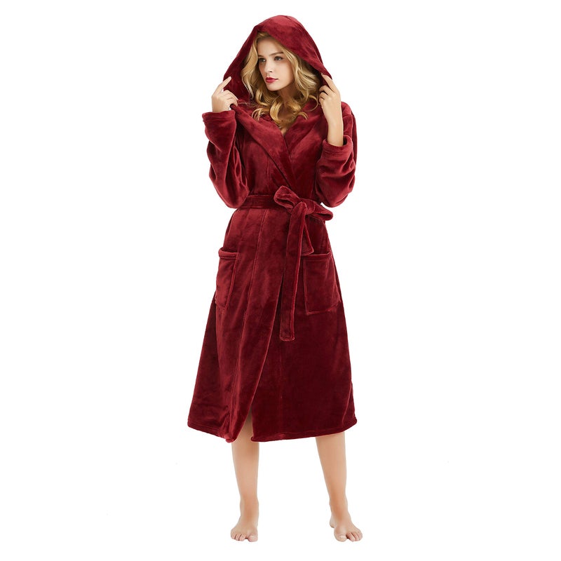 HEARTNICE Womens Hooded Fleece Robe, Soft Plush Bathrobe for Womens, Fluffy Cute Long House Coat (A-Wine Hooded, S/M) - Image 1